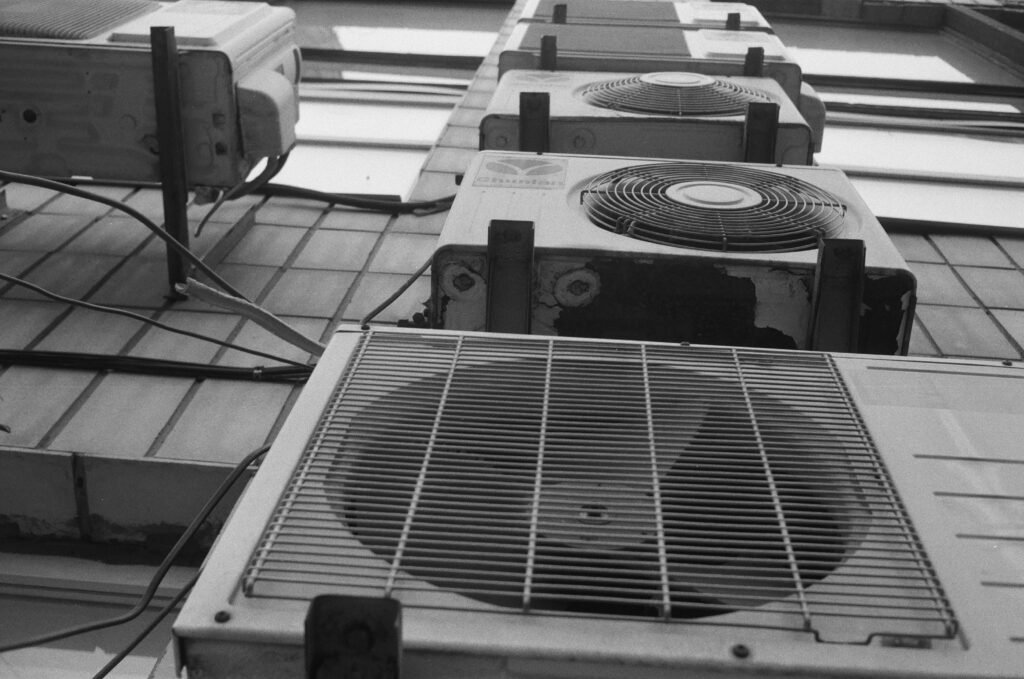 air conditioning unit in black and white